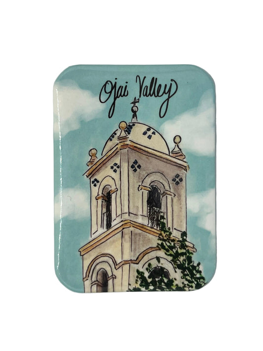 Rectangular magnet with a tower illustration and 'Ojai Valley' text on a blue background